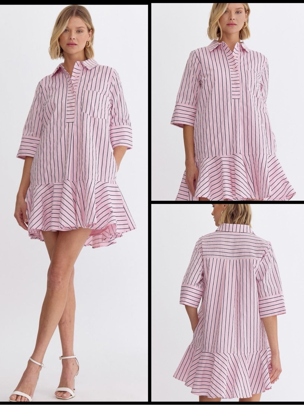 ENTRO Pink Striped Drop Waist Flounce Hem Mini Shirt Soft Girl Barbie Dress M